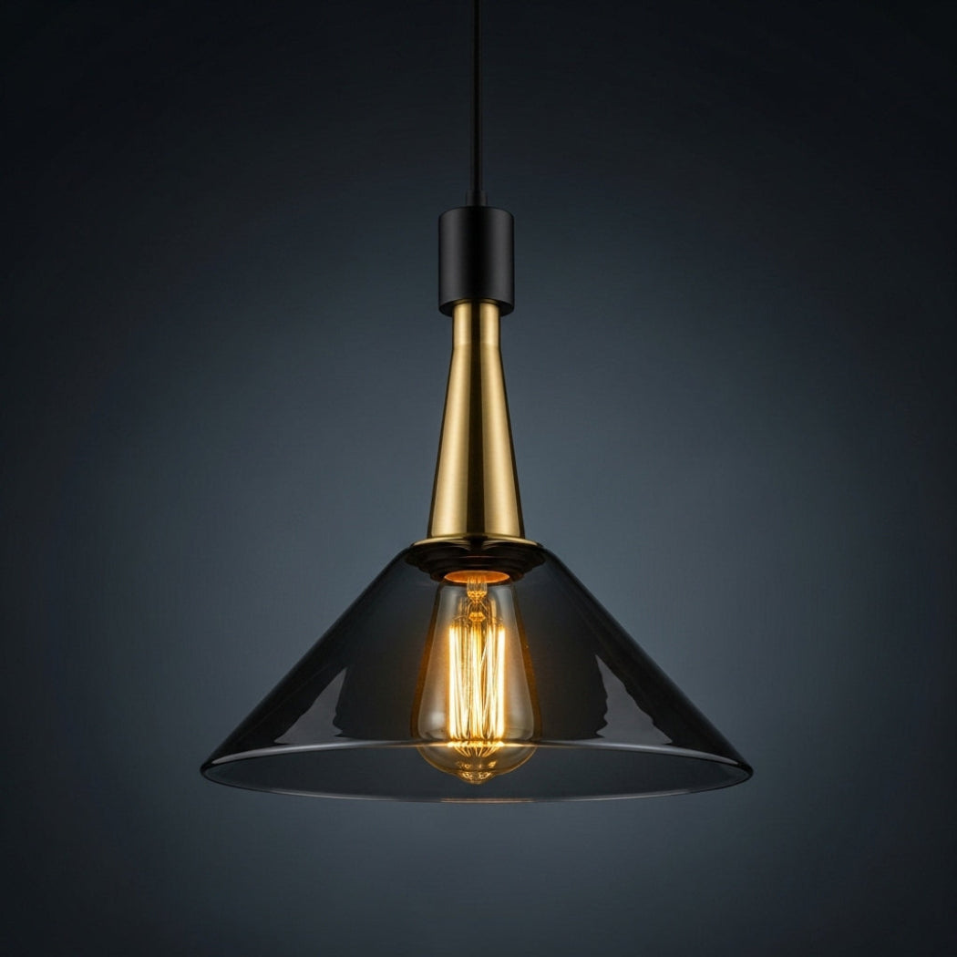 Retro Brass & Smoke Glass Pendant Light