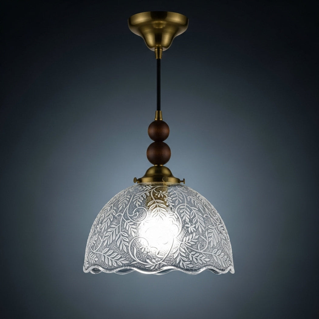 Wood Bead Filigree Glass Pendant Light