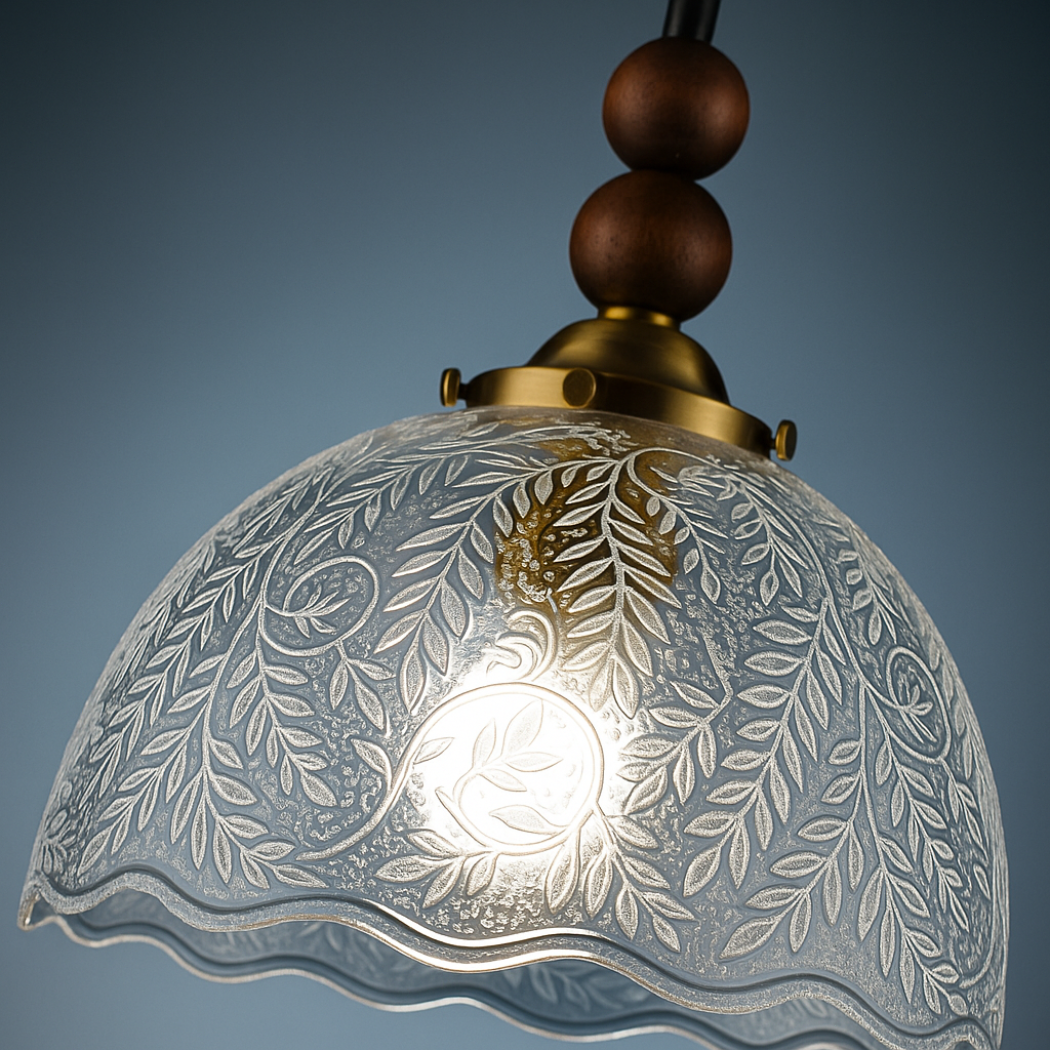 Wood Bead Filigree Glass Pendant Light